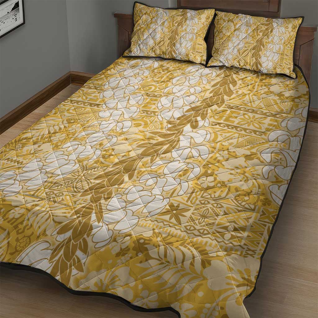Gold Puakenikeni and Maile Lei Quilt Bed Set Hawaiian Style Tribal Tapa Double Strand Lei LT9 - Polynesian Pride