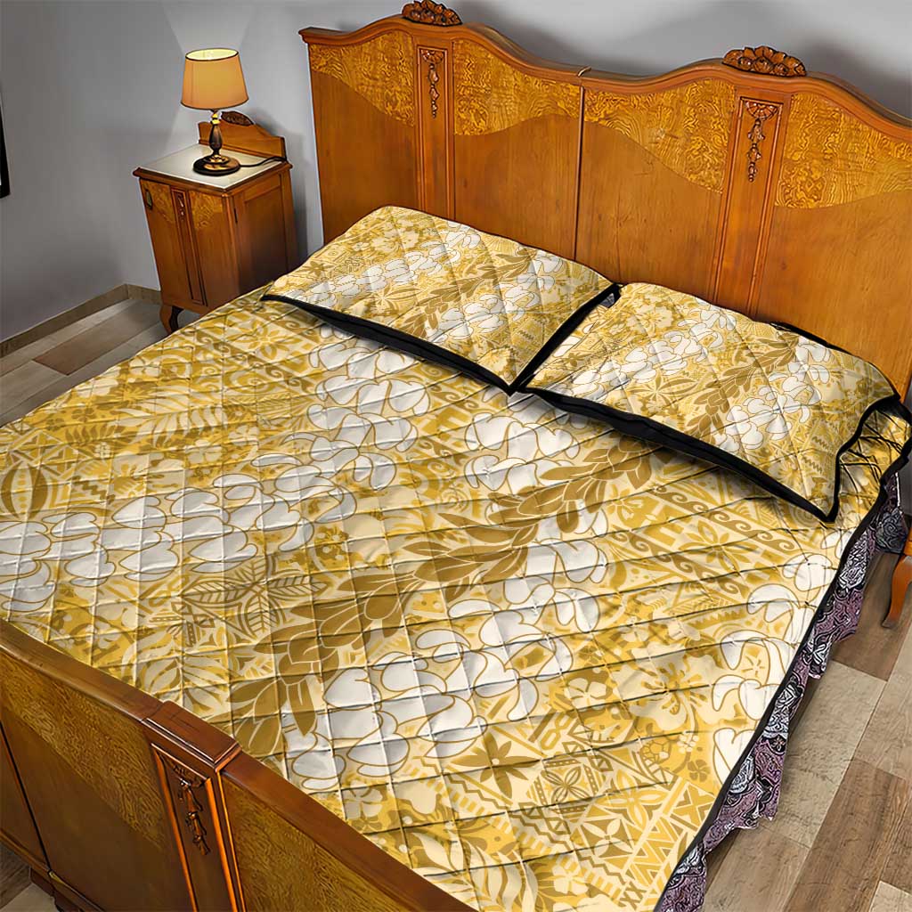 Gold Puakenikeni and Maile Lei Quilt Bed Set Hawaiian Style Tribal Tapa Double Strand Lei LT9 - Polynesian Pride