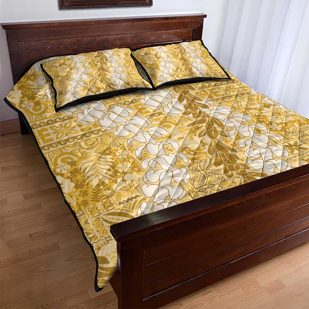 Gold Puakenikeni and Maile Lei Quilt Bed Set Hawaiian Style Tribal Tapa Double Strand Lei LT9 - Polynesian Pride