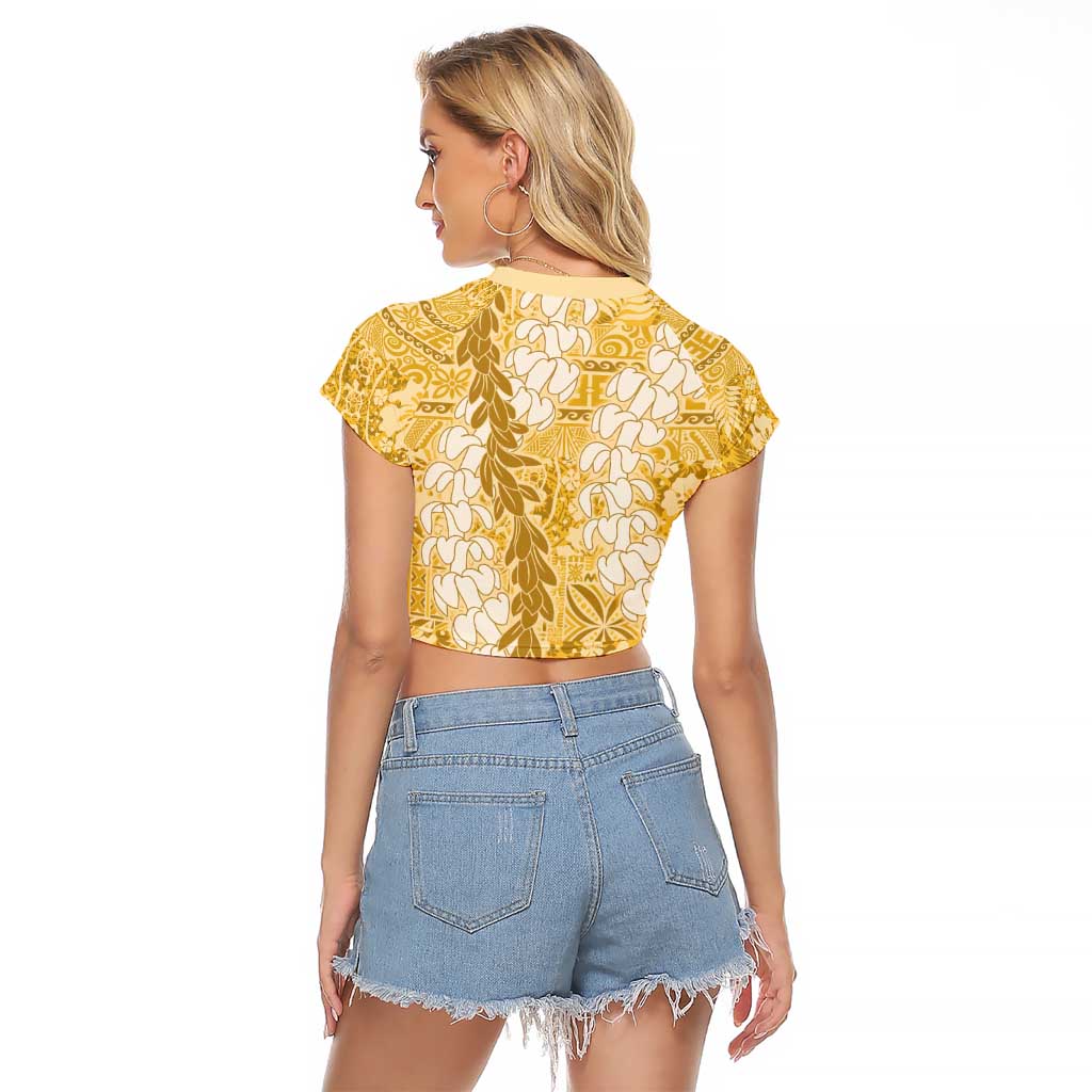 Gold Puakenikeni and Maile Lei Raglan Cropped T Shirt Hawaiian Style Tribal Tapa Double Strand Lei LT9 - Polynesian Pride
