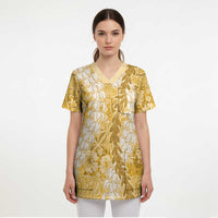 Gold Puakenikeni and Maile Lei Scrub Top Hawaiian Style Tribal Tapa Double Strand Lei LT9 - Polynesian Pride