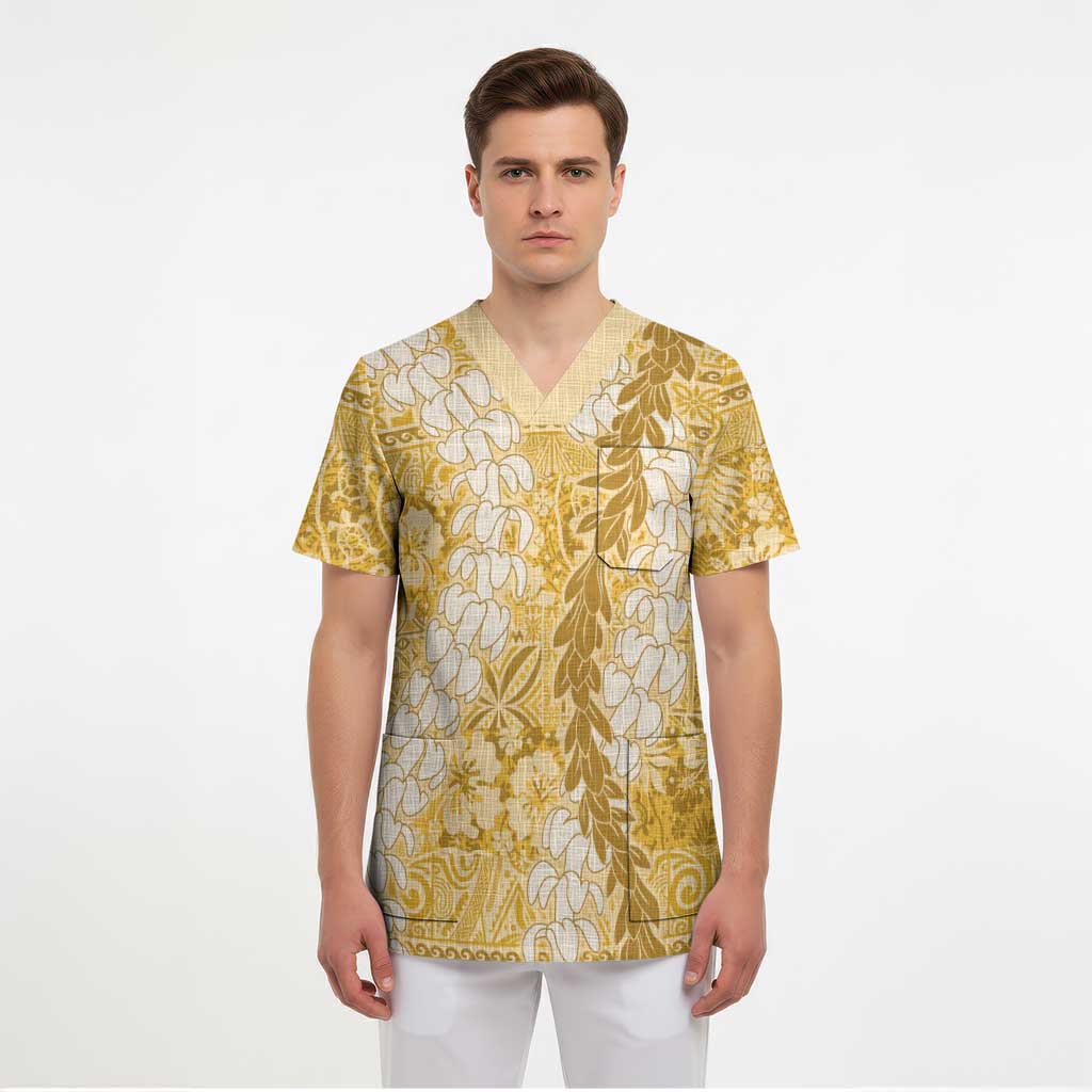 Gold Puakenikeni and Maile Lei Scrub Top Hawaiian Style Tribal Tapa Double Strand Lei LT9 - Polynesian Pride