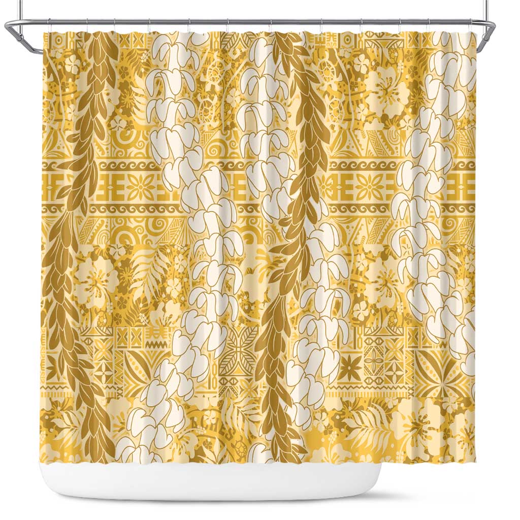 Gold Puakenikeni and Maile Lei Shower Curtain Hawaiian Style Tribal Tapa Double Strand Lei LT9 Gold - Polynesian Pride