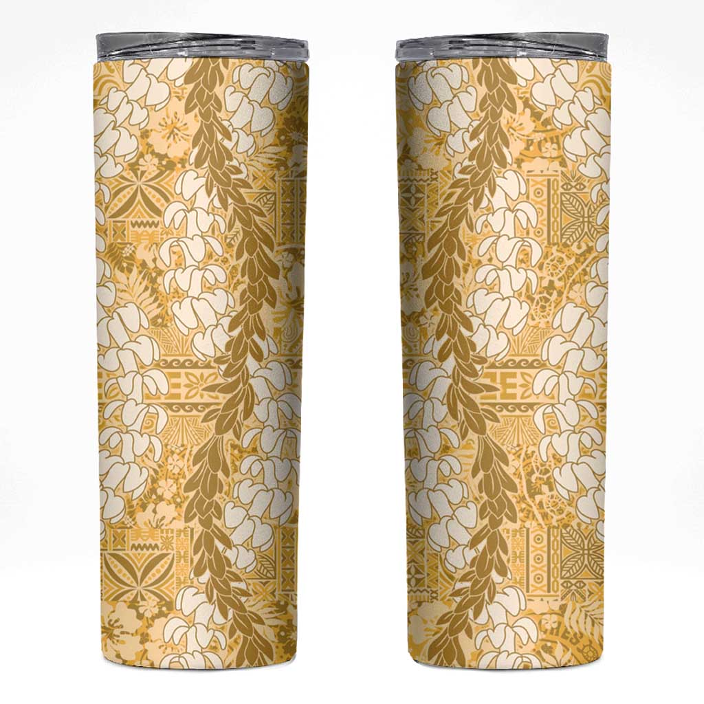 Gold Puakenikeni and Maile Lei Skinny Tumbler Hawaiian Style Tribal Tapa Double Strand Lei LT9 Gold - Polynesian Pride