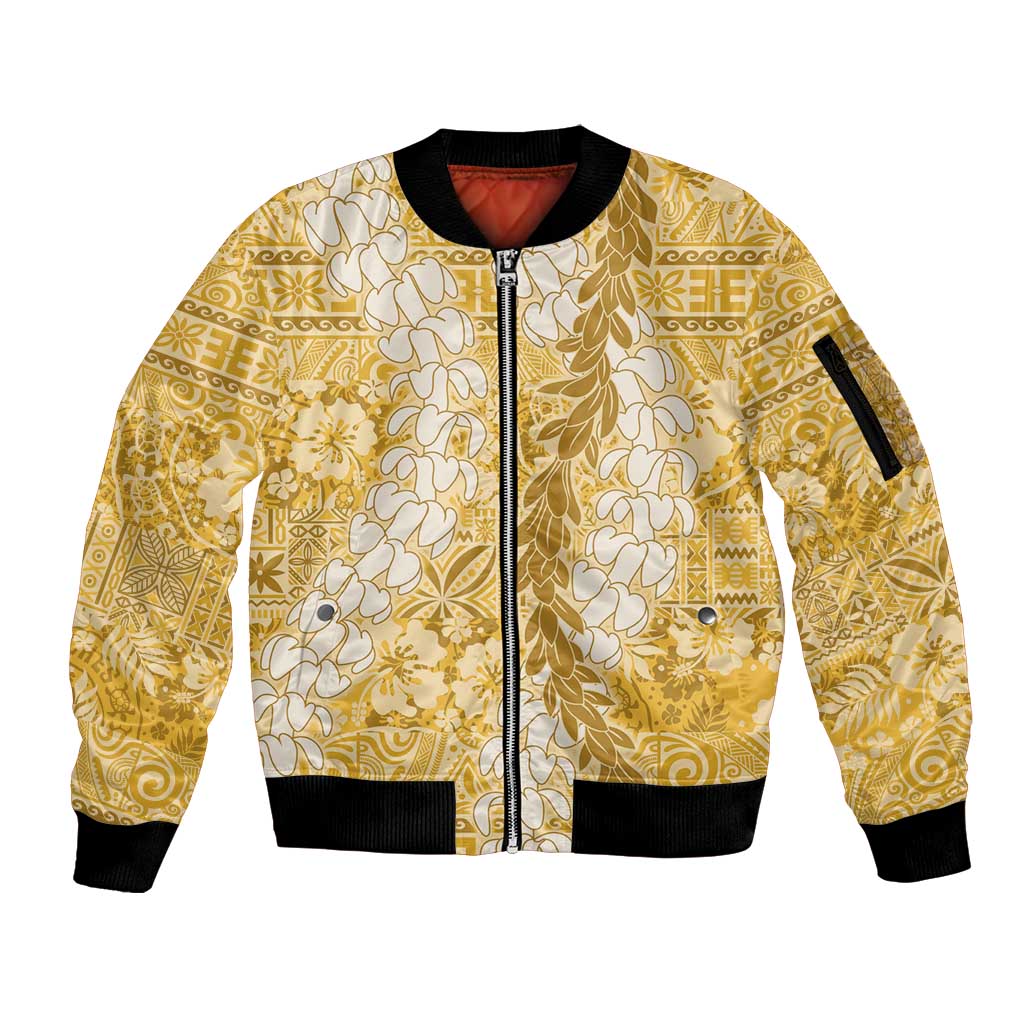 Gold Puakenikeni and Maile Lei Sleeve Zip Bomber Jacket Hawaiian Style Tribal Tapa Double Strand Lei LT9 Unisex Gold - Polynesian Pride