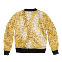 Gold Puakenikeni and Maile Lei Sleeve Zip Bomber Jacket Hawaiian Style Tribal Tapa Double Strand Lei LT9 - Polynesian Pride