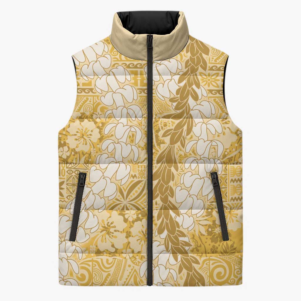 Gold Puakenikeni and Maile Lei Sleeveless Puffer Jacket Hawaiian Style Tribal Tapa Double Strand Lei LT9 Unisex Gold - Polynesian Pride