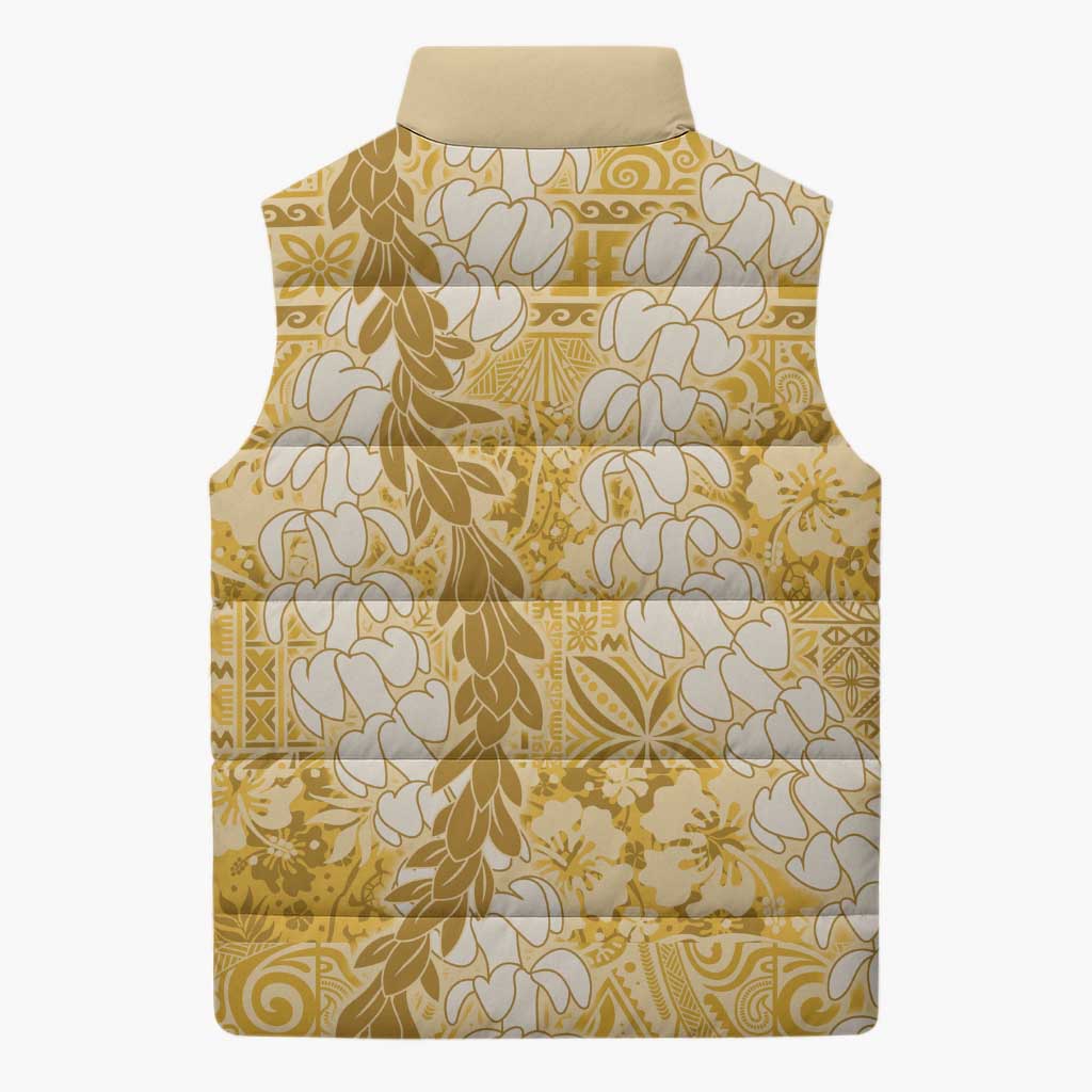 Gold Puakenikeni and Maile Lei Sleeveless Puffer Jacket Hawaiian Style Tribal Tapa Double Strand Lei LT9 - Polynesian Pride