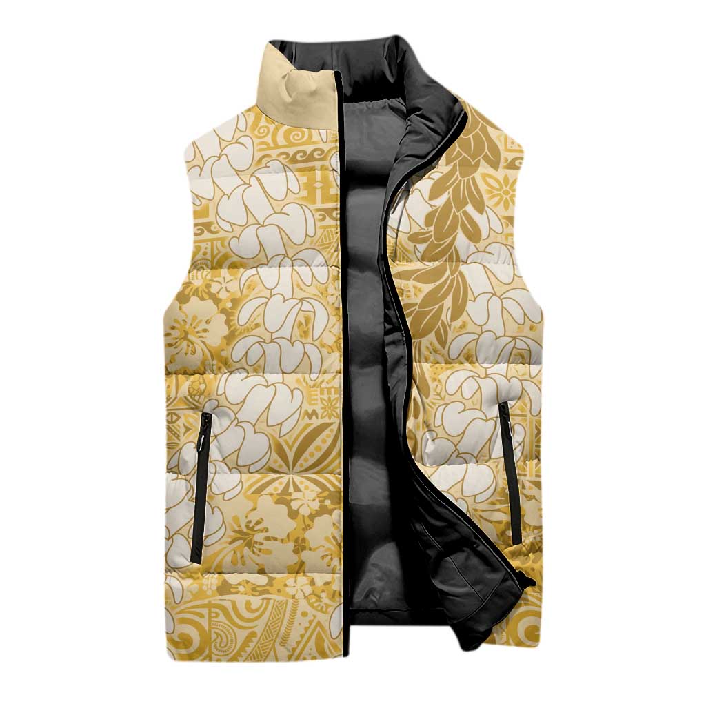 Gold Puakenikeni and Maile Lei Sleeveless Puffer Jacket Hawaiian Style Tribal Tapa Double Strand Lei LT9 - Polynesian Pride