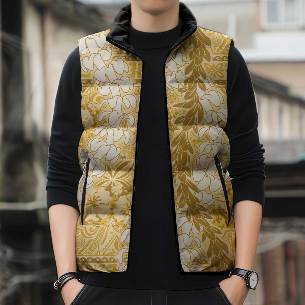 Gold Puakenikeni and Maile Lei Sleeveless Puffer Jacket Hawaiian Style Tribal Tapa Double Strand Lei LT9 - Polynesian Pride