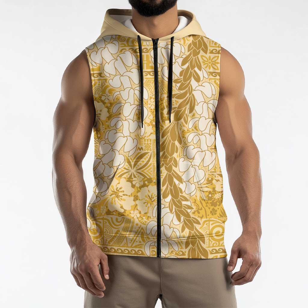 Gold Puakenikeni and Maile Lei Sleeveless Zip Hoodie Hawaiian Style Tribal Tapa Double Strand Lei LT9 - Polynesian Pride