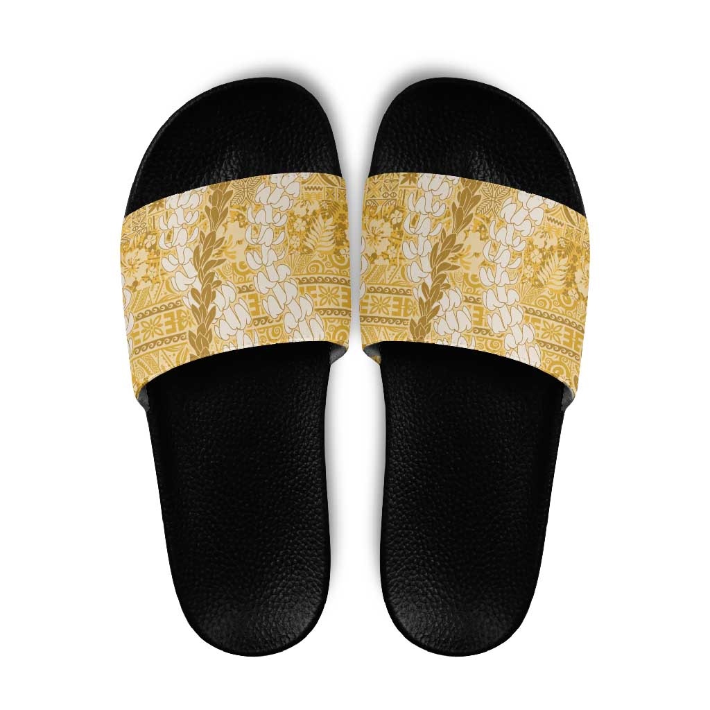 Gold Puakenikeni and Maile Lei Slide Sandals Hawaiian Style Tribal Tapa Double Strand Lei LT9 Gold - Polynesian Pride