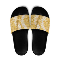 Gold Puakenikeni and Maile Lei Slide Sandals Hawaiian Style Tribal Tapa Double Strand Lei LT9 Gold - Polynesian Pride