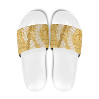 Gold Puakenikeni and Maile Lei Slide Sandals Hawaiian Style Tribal Tapa Double Strand Lei LT9 Gold - Polynesian Pride
