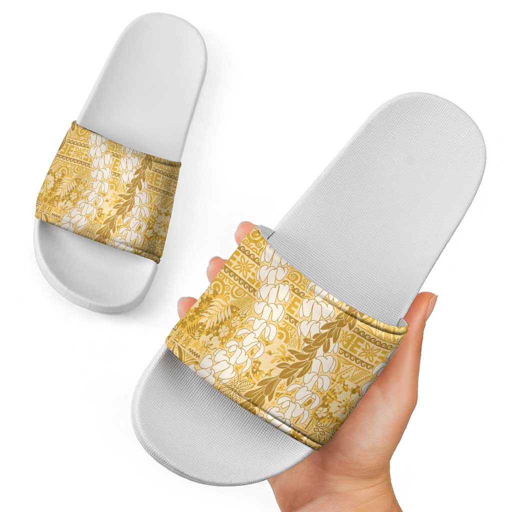 Gold Puakenikeni and Maile Lei Slide Sandals Hawaiian Style Tribal Tapa Double Strand Lei LT9 - Polynesian Pride