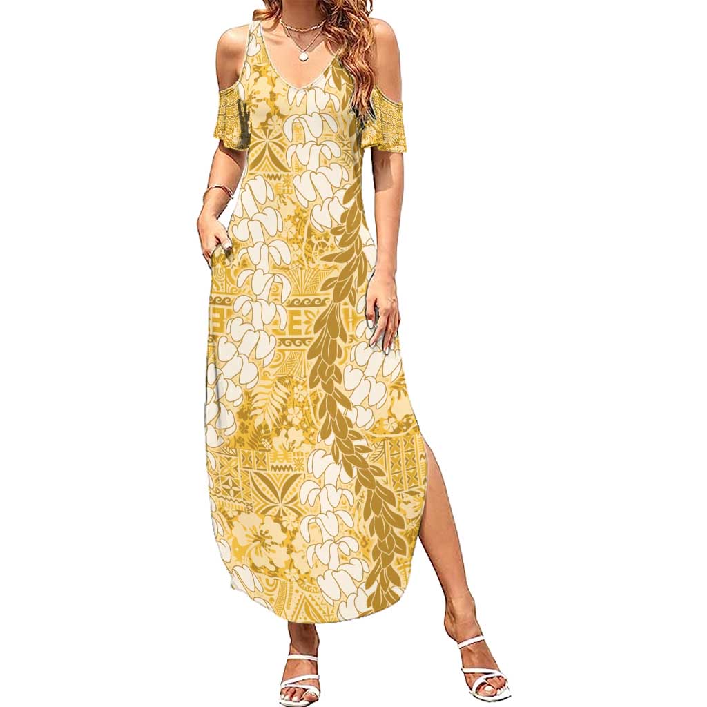 Gold Puakenikeni and Maile Lei Summer Maxi Dress Hawaiian Style Tribal Tapa Double Strand Lei LT9 Women Gold - Polynesian Pride