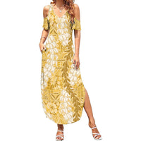 Gold Puakenikeni and Maile Lei Summer Maxi Dress Hawaiian Style Tribal Tapa Double Strand Lei LT9 Women Gold - Polynesian Pride
