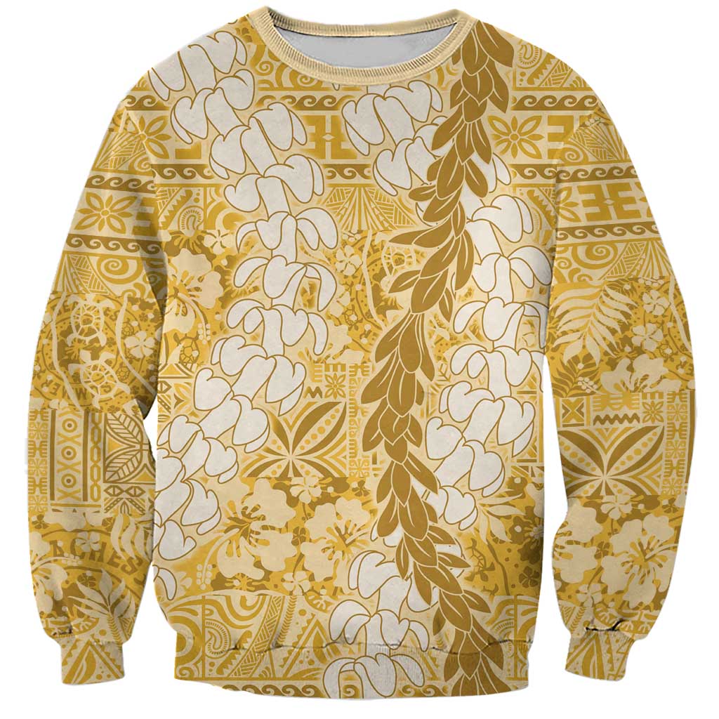 Gold Puakenikeni and Maile Lei Sweatshirt Hawaiian Style Tribal Tapa Double Strand Lei LT9 Unisex Gold - Polynesian Pride