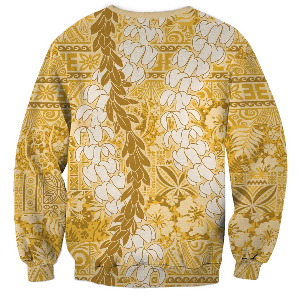 Gold Puakenikeni and Maile Lei Sweatshirt Hawaiian Style Tribal Tapa Double Strand Lei LT9 - Polynesian Pride