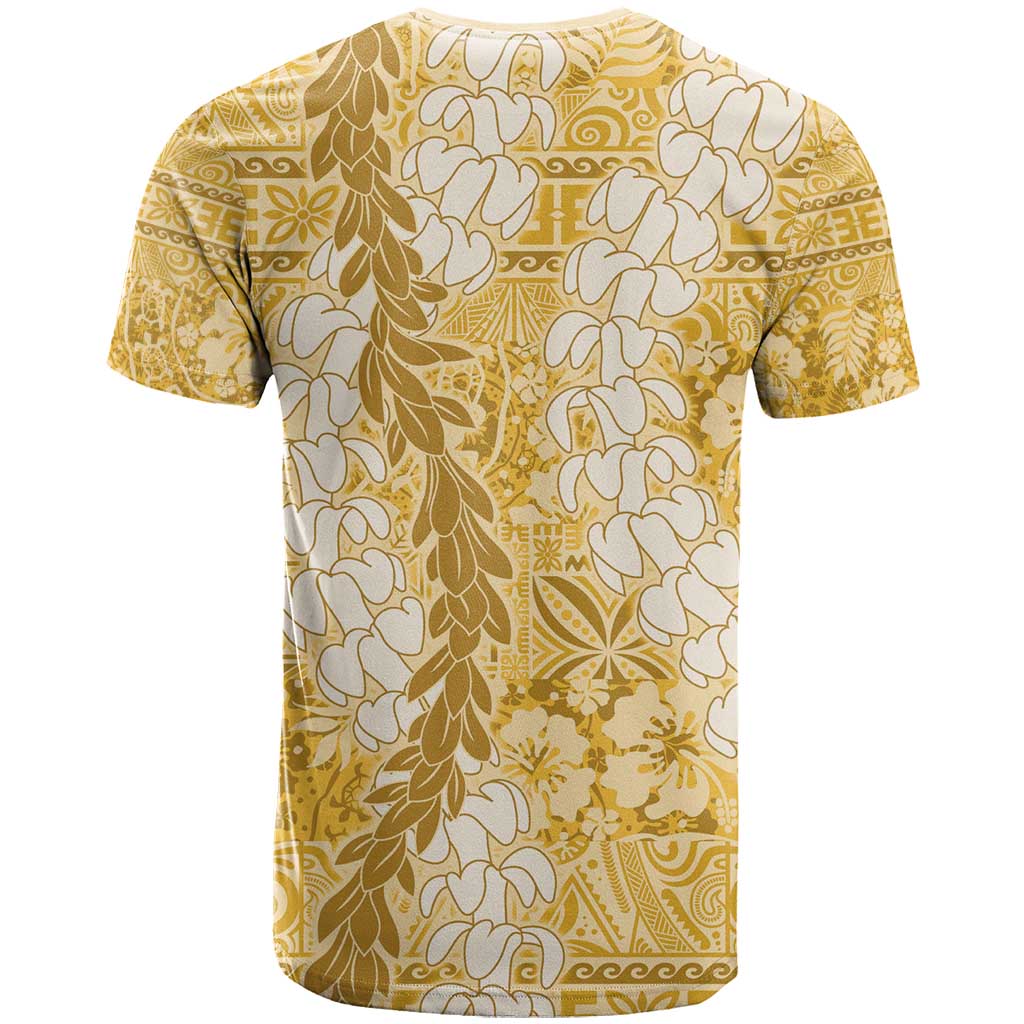 Gold Puakenikeni and Maile Lei T Shirt Hawaiian Style Tribal Tapa Double Strand Lei LT9 - Polynesian Pride