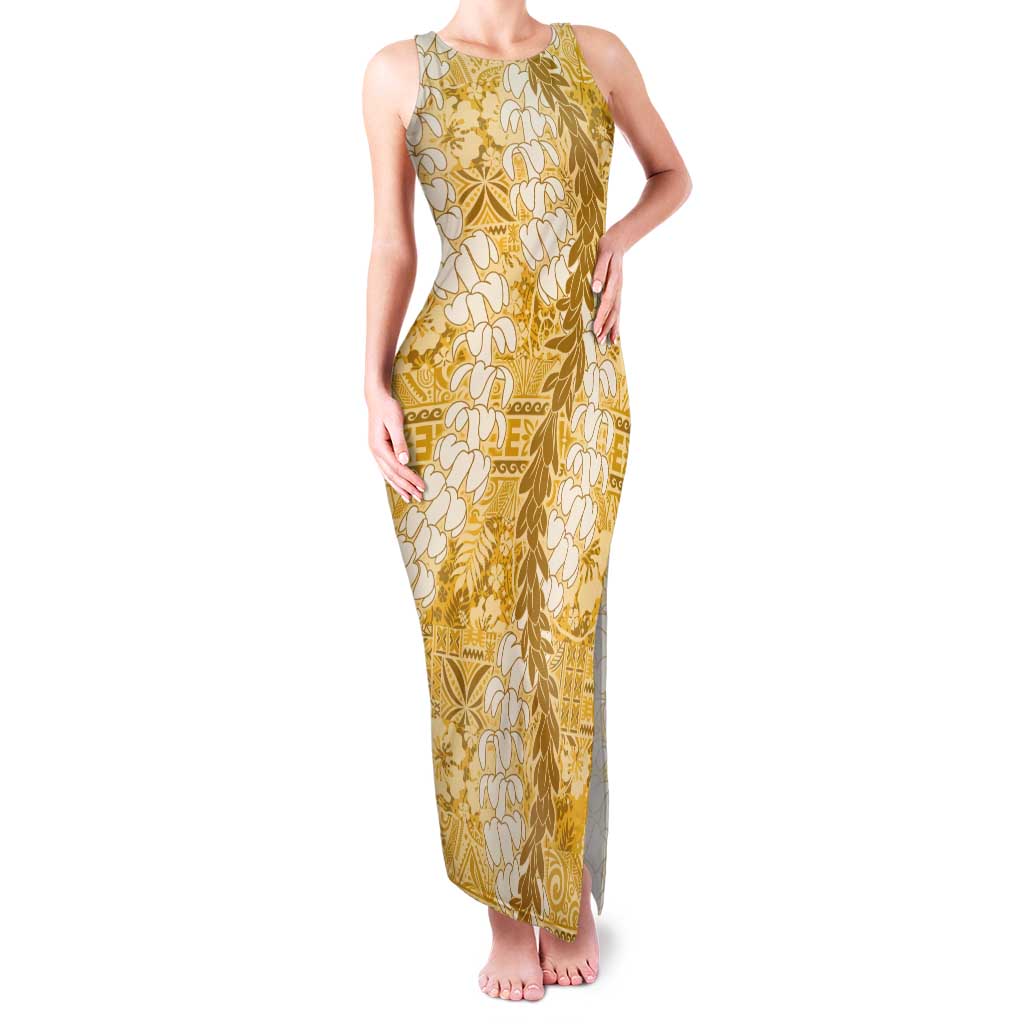 Gold Puakenikeni and Maile Lei Tank Maxi Dress Hawaiian Style Tribal Tapa Double Strand Lei LT9 Women Gold - Polynesian Pride
