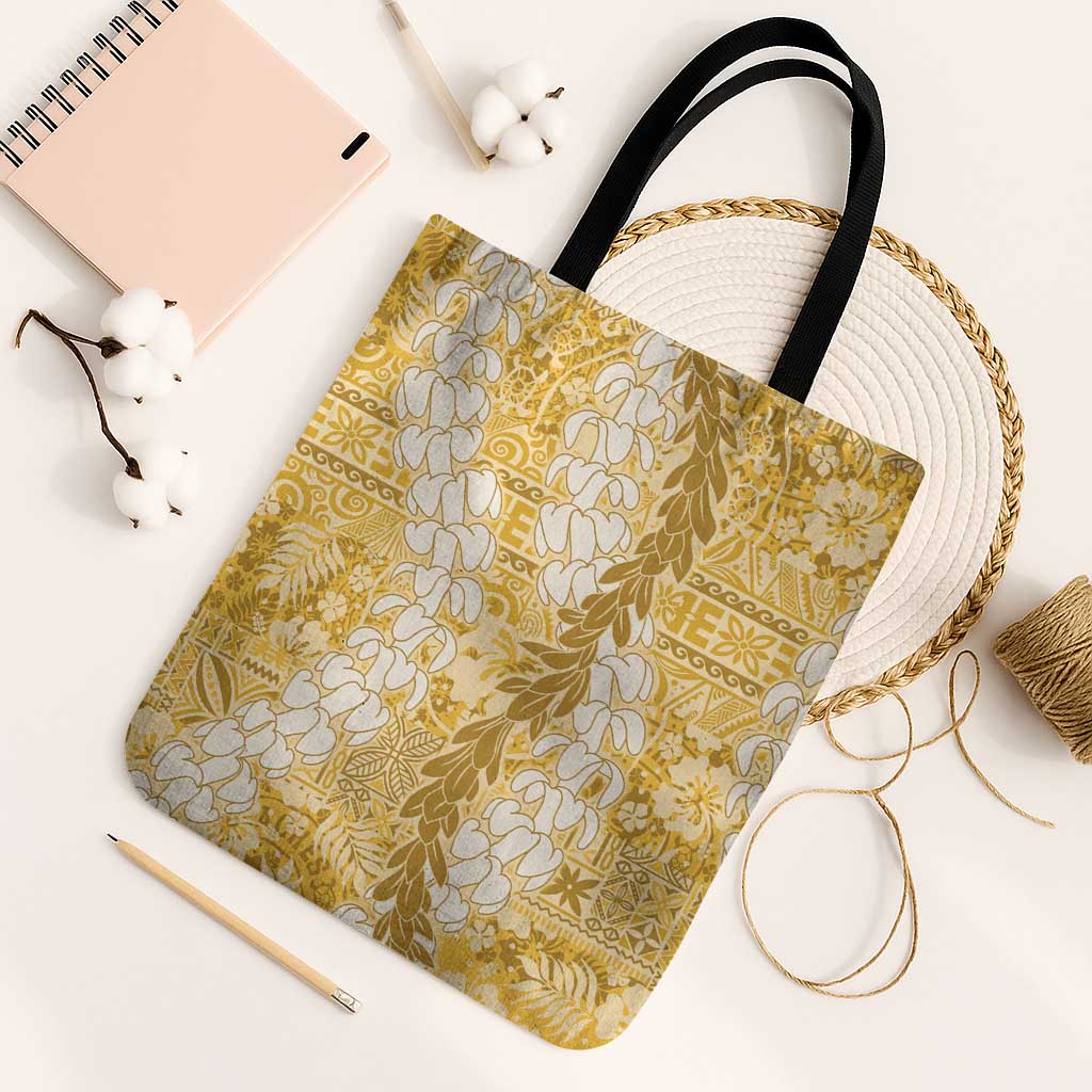 Gold Puakenikeni and Maile Lei Tote Bag Hawaiian Style Tribal Tapa Double Strand Lei LT9 Black Strap One Size Gold - Polynesian Pride
