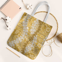 Gold Puakenikeni and Maile Lei Tote Bag Hawaiian Style Tribal Tapa Double Strand Lei LT9 White Strap One Size Gold - Polynesian Pride