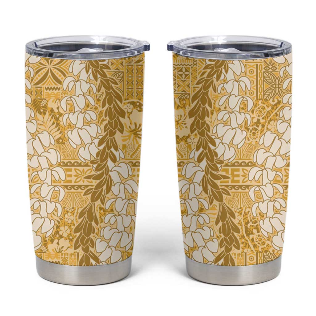 Gold Puakenikeni and Maile Lei Tumbler Cup Hawaiian Style Tribal Tapa Double Strand Lei LT9 Gold - Polynesian Pride