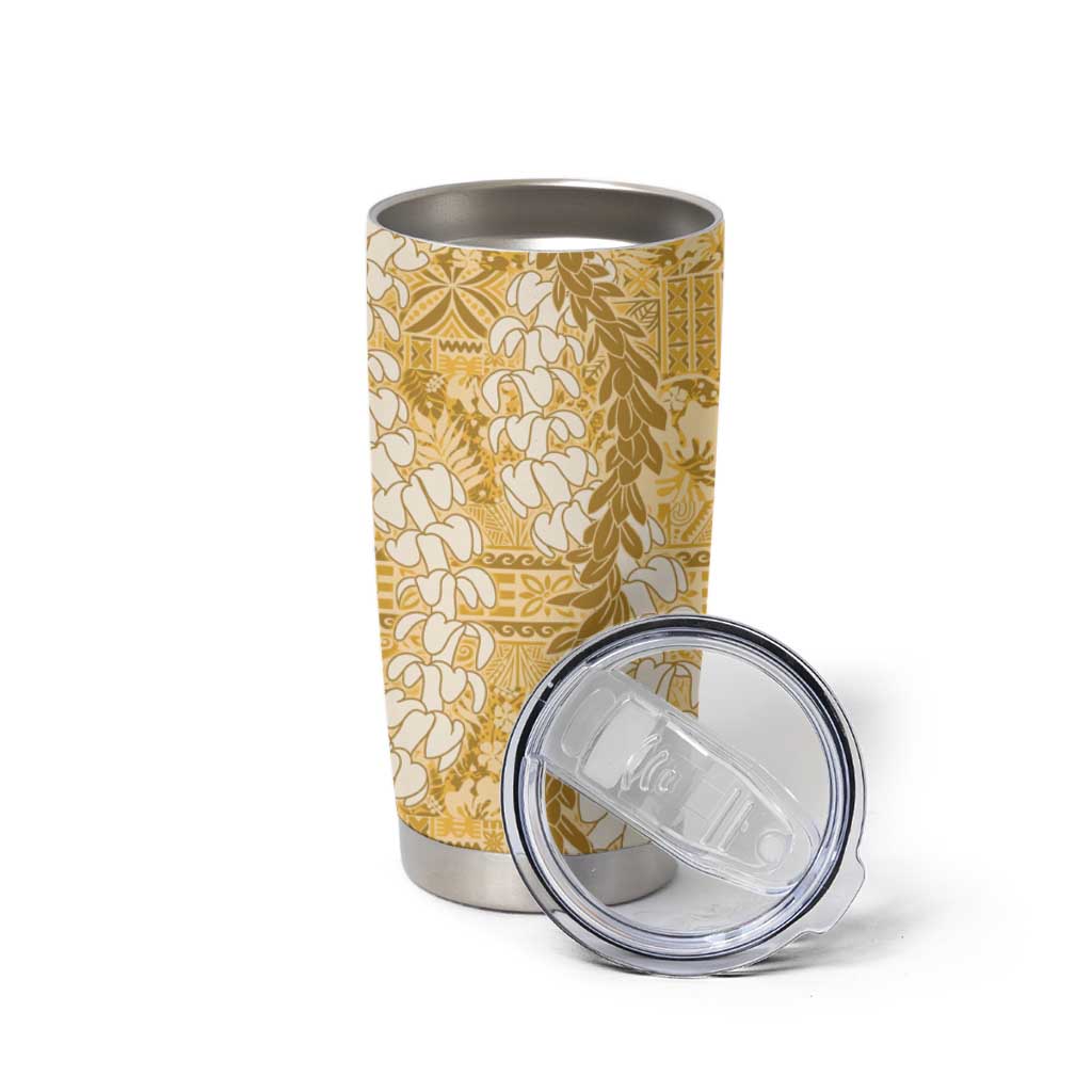 Gold Puakenikeni and Maile Lei Tumbler Cup Hawaiian Style Tribal Tapa Double Strand Lei LT9 - Polynesian Pride