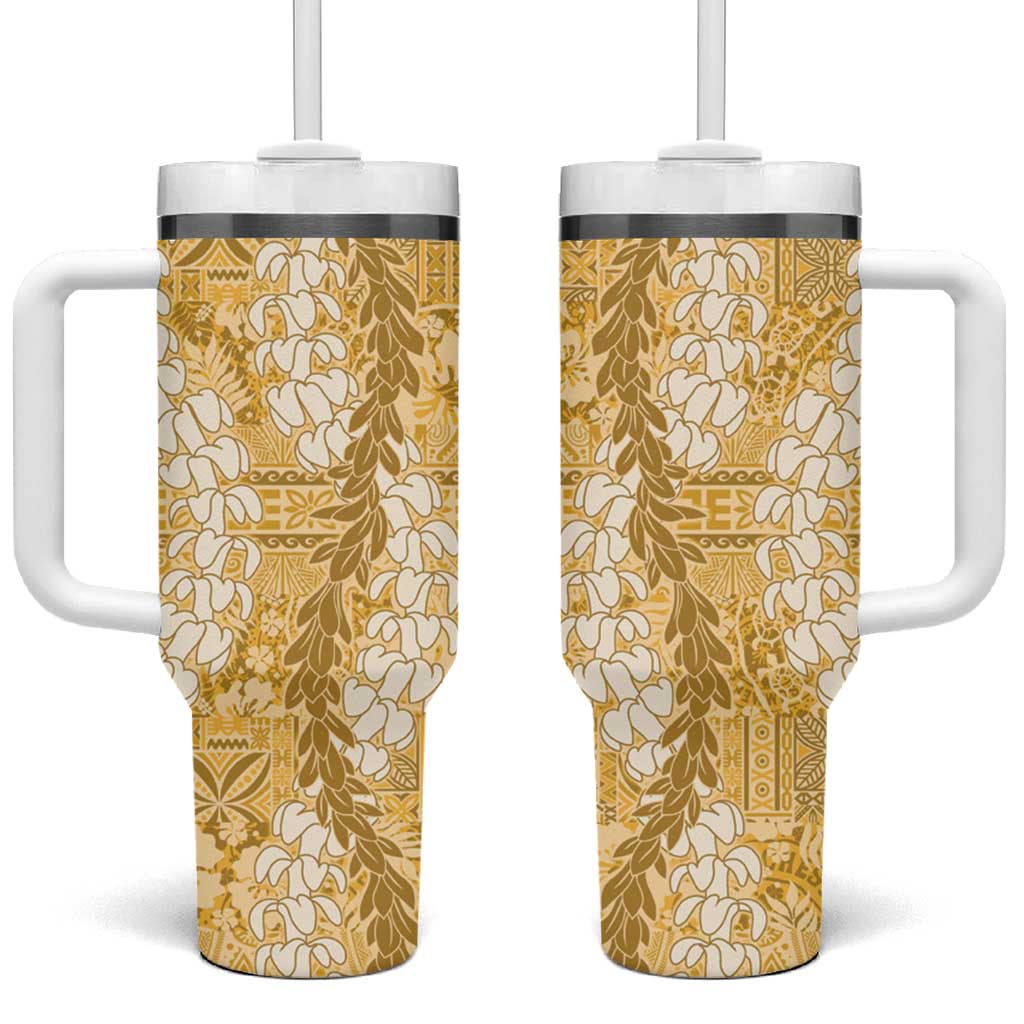 Gold Puakenikeni and Maile Lei Tumbler With Handle Hawaiian Style Tribal Tapa Double Strand Lei LT9 One Size: 40 oz Gold - Polynesian Pride