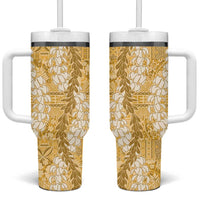 Gold Puakenikeni and Maile Lei Tumbler With Handle Hawaiian Style Tribal Tapa Double Strand Lei LT9 One Size: 40 oz Gold - Polynesian Pride
