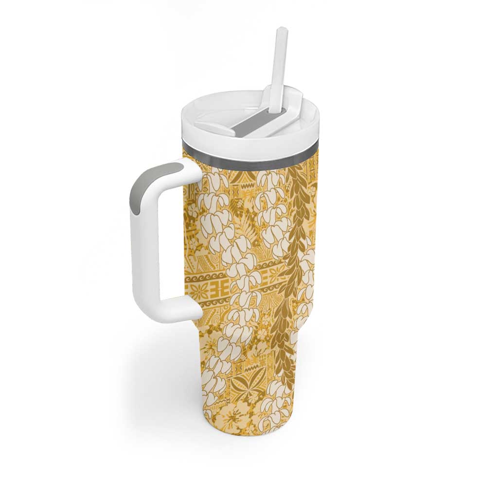 Gold Puakenikeni and Maile Lei Tumbler With Handle Hawaiian Style Tribal Tapa Double Strand Lei LT9 - Polynesian Pride