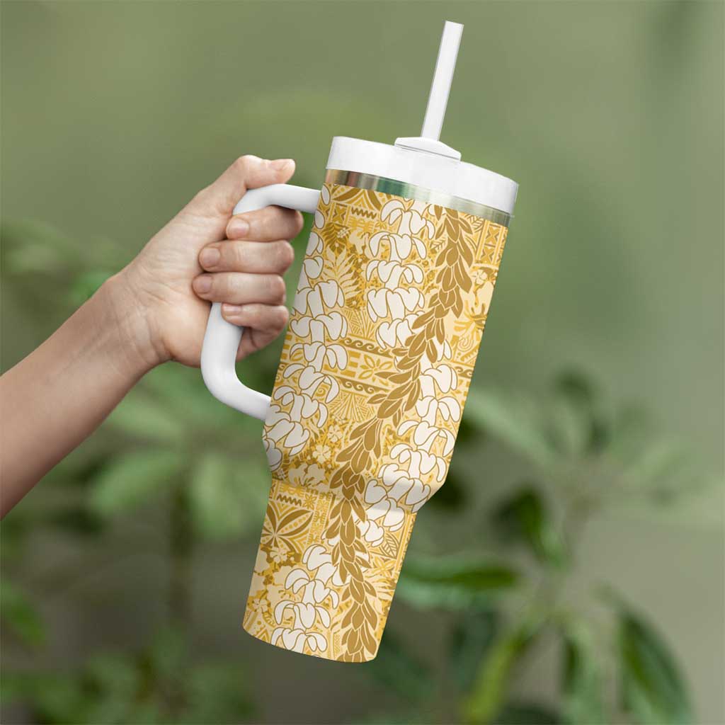 Gold Puakenikeni and Maile Lei Tumbler With Handle Hawaiian Style Tribal Tapa Double Strand Lei LT9 - Polynesian Pride