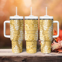 Gold Puakenikeni and Maile Lei Tumbler With Handle Hawaiian Style Tribal Tapa Double Strand Lei LT9 - Polynesian Pride
