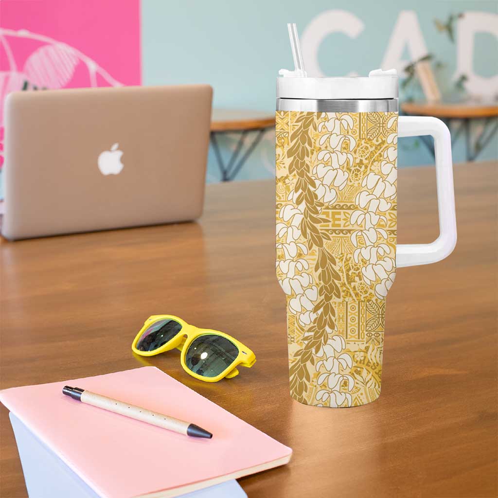 Gold Puakenikeni and Maile Lei Tumbler With Handle Hawaiian Style Tribal Tapa Double Strand Lei LT9 - Polynesian Pride