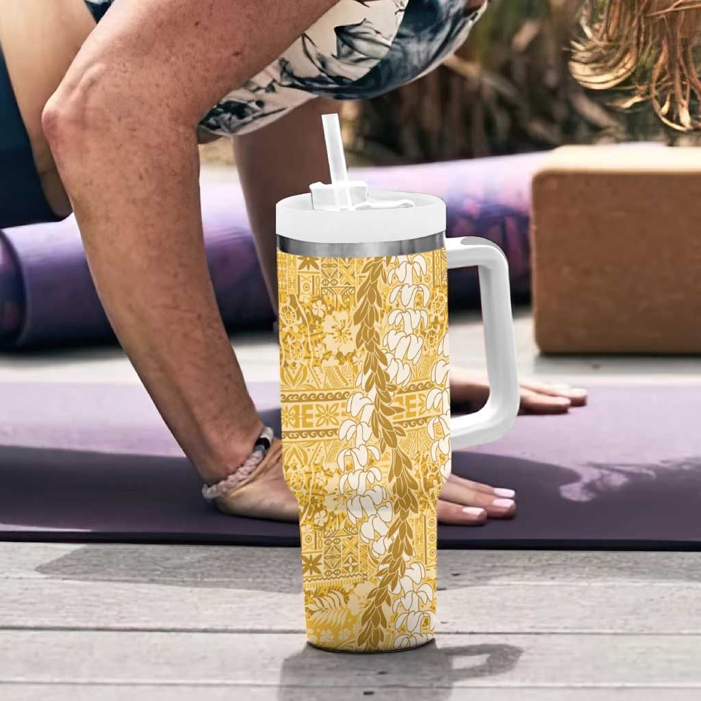 Gold Puakenikeni and Maile Lei Tumbler With Handle Hawaiian Style Tribal Tapa Double Strand Lei LT9 - Polynesian Pride