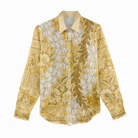 Gold Puakenikeni and Maile Lei Women Casual Shirt Hawaiian Style Tribal Tapa Double Strand Lei