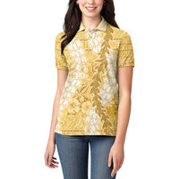 Gold Puakenikeni and Maile Lei Women Polo Shirt Hawaiian Style Tribal Tapa Double Strand Lei LT9 - Polynesian Pride