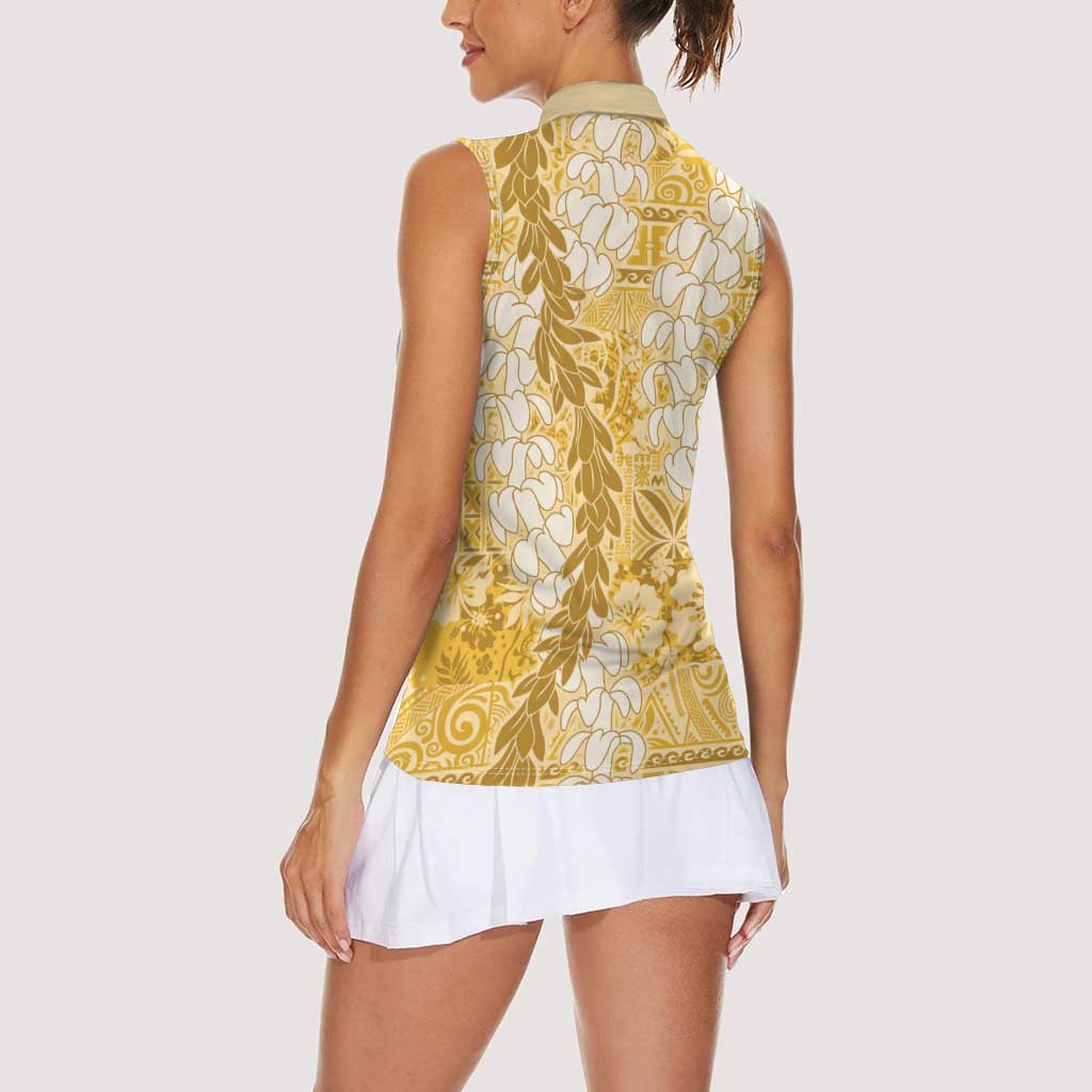 Gold Puakenikeni and Maile Lei Women Sleeveless Polo Shirt Hawaiian Style Tribal Tapa Double Strand Lei LT9 - Polynesian Pride