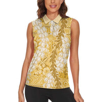 Gold Puakenikeni and Maile Lei Women Sleeveless Polo Shirt Hawaiian Style Tribal Tapa Double Strand Lei LT9 - Polynesian Pride