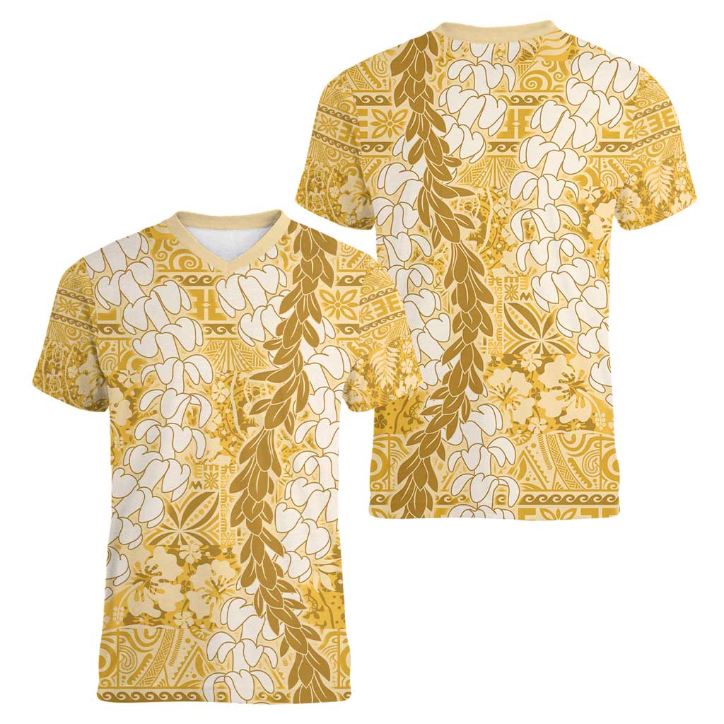 Gold Puakenikeni and Maile Lei Women V-Neck T-Shirt Hawaiian Style Tribal Tapa Double Strand Lei LT9 - Polynesian Pride