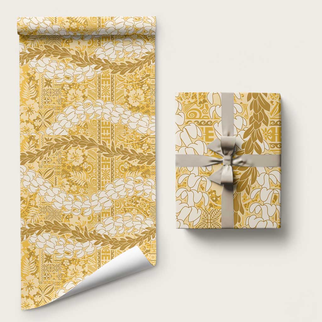Gold Puakenikeni and Maile Lei Wrapping Paper Hawaiian Style Tribal Tapa Double Strand Lei LT9 58" × 23" Gold - Polynesian Pride