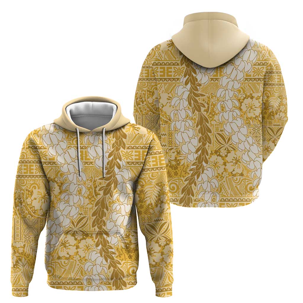 Gold Puakenikeni and Maile Lei Zip Hoodie Hawaiian Style Tribal Tapa Double Strand Lei LT9 - Polynesian Pride