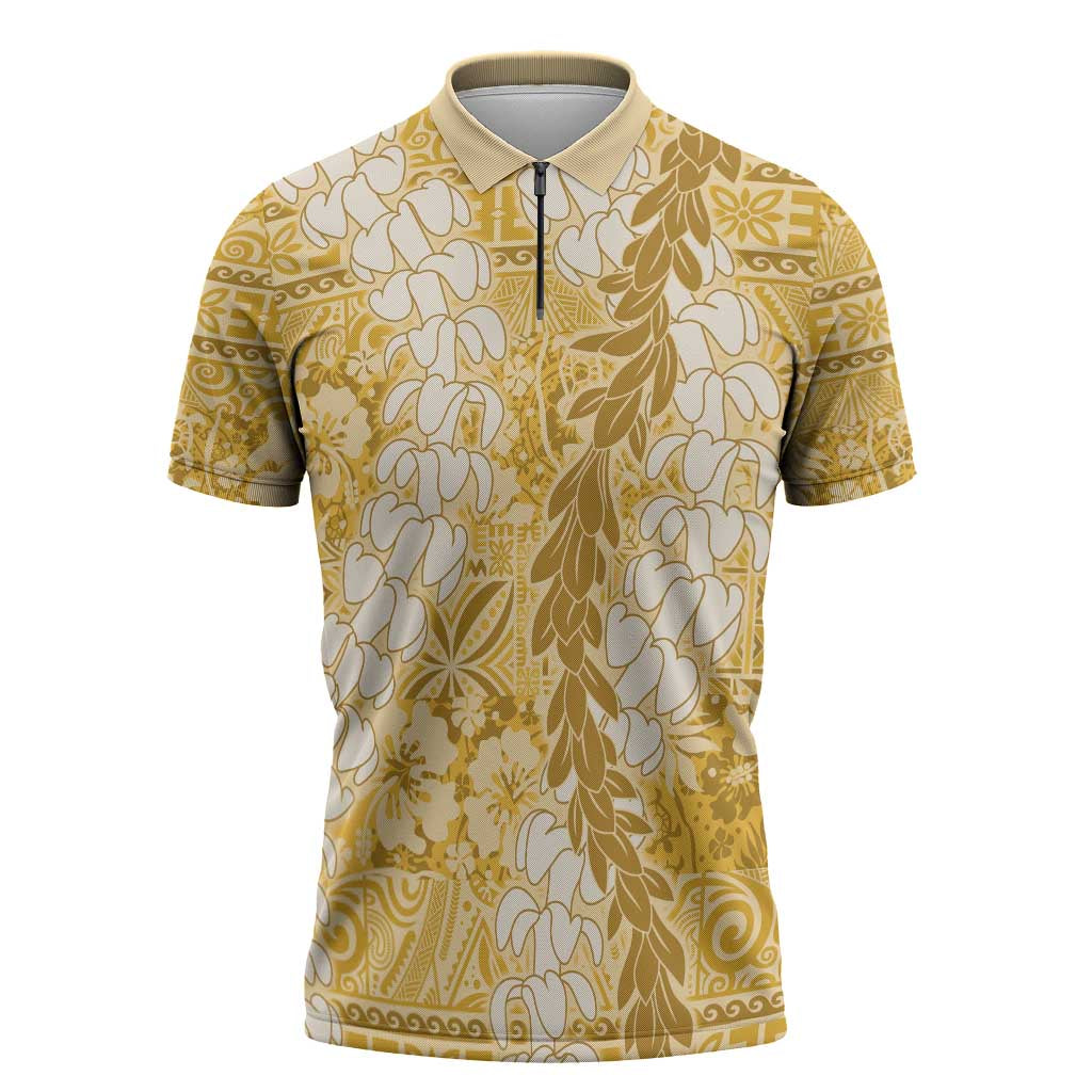 Gold Puakenikeni and Maile Lei Zipper Polo Shirt Hawaiian Style Tribal Tapa Double Strand Lei LT9 Gold - Polynesian Pride
