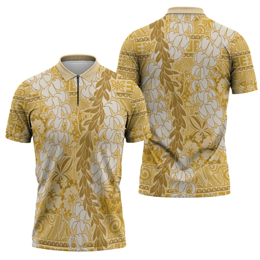 Gold Puakenikeni and Maile Lei Zipper Polo Shirt Hawaiian Style Tribal Tapa Double Strand Lei LT9 - Polynesian Pride