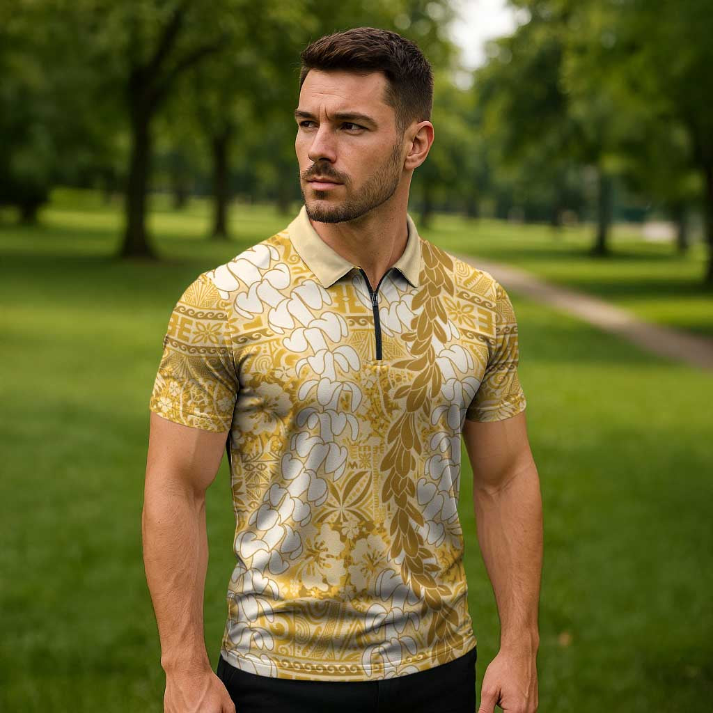 Gold Puakenikeni and Maile Lei Zipper Polo Shirt Hawaiian Style Tribal Tapa Double Strand Lei LT9 - Polynesian Pride