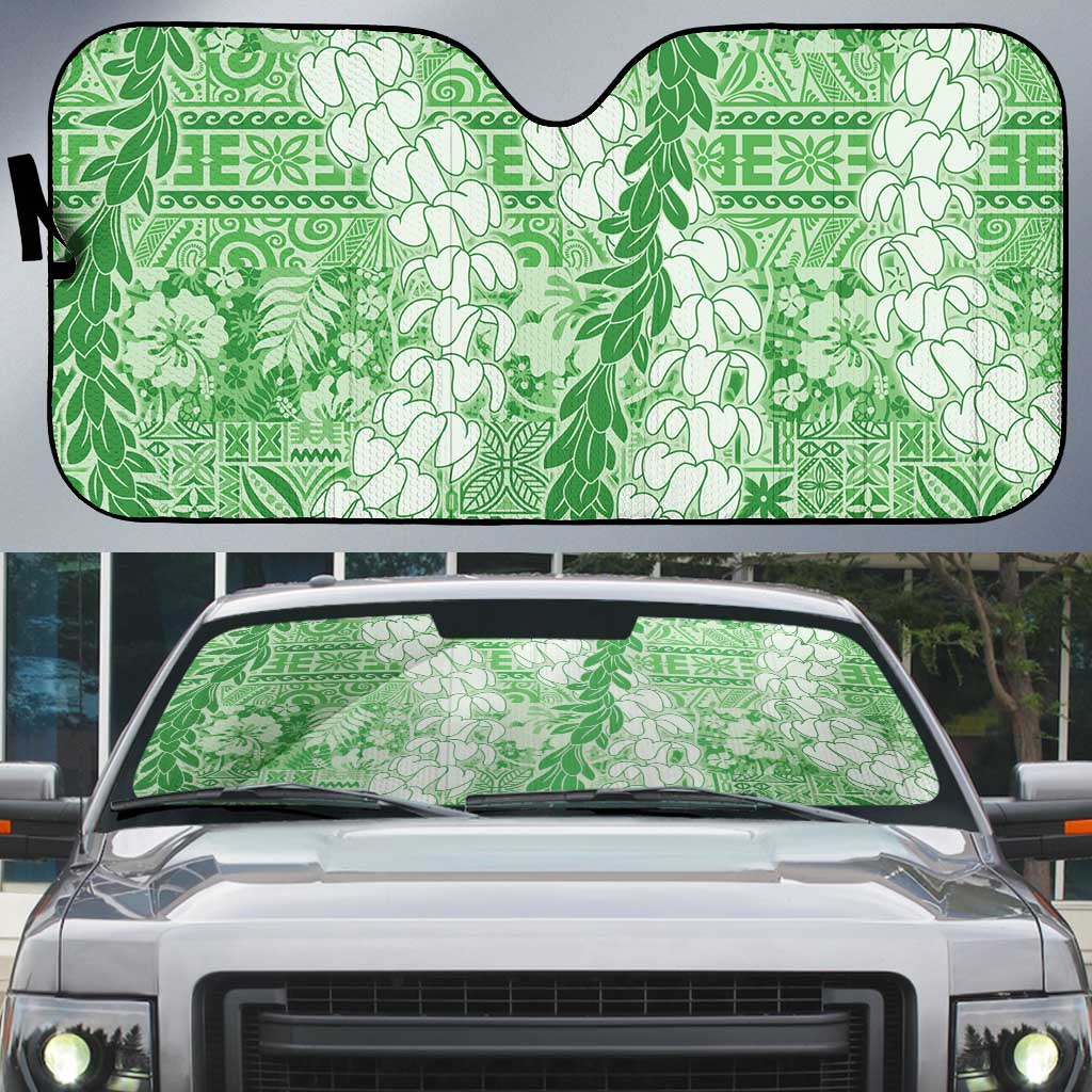 Green Puakenikeni and Maile Lei Auto Sun Shade Hawaiian Style Tribal Tapa Double Strand Lei LT9 Green - Polynesian Pride