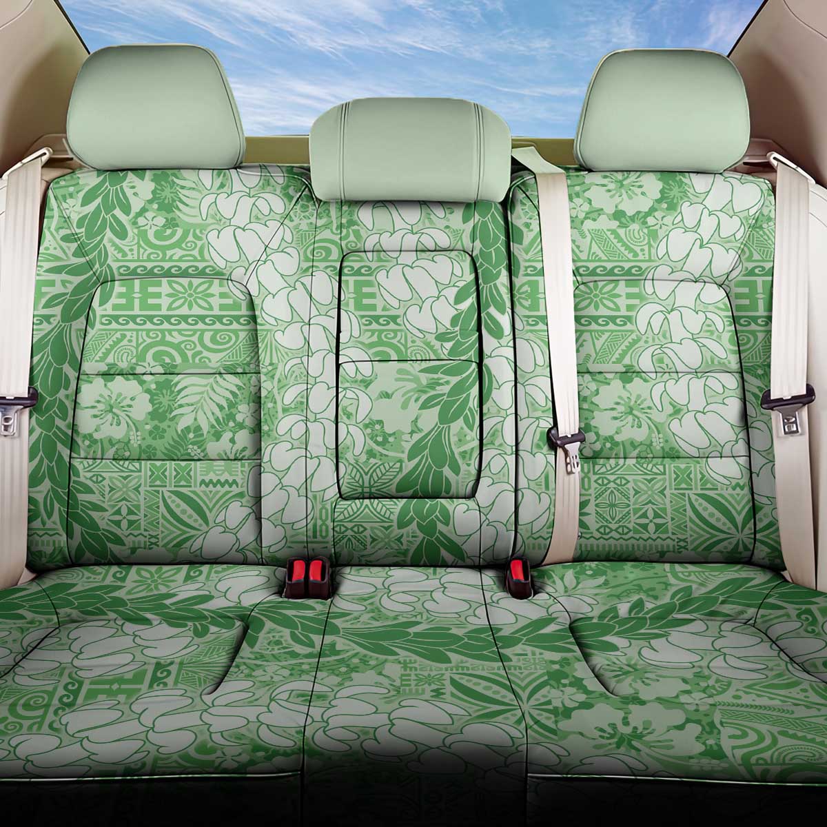 Green Puakenikeni and Maile Lei Back Car Seat Cover Hawaiian Style Tribal Tapa Double Strand Lei LT9 One Size Green - Polynesian Pride