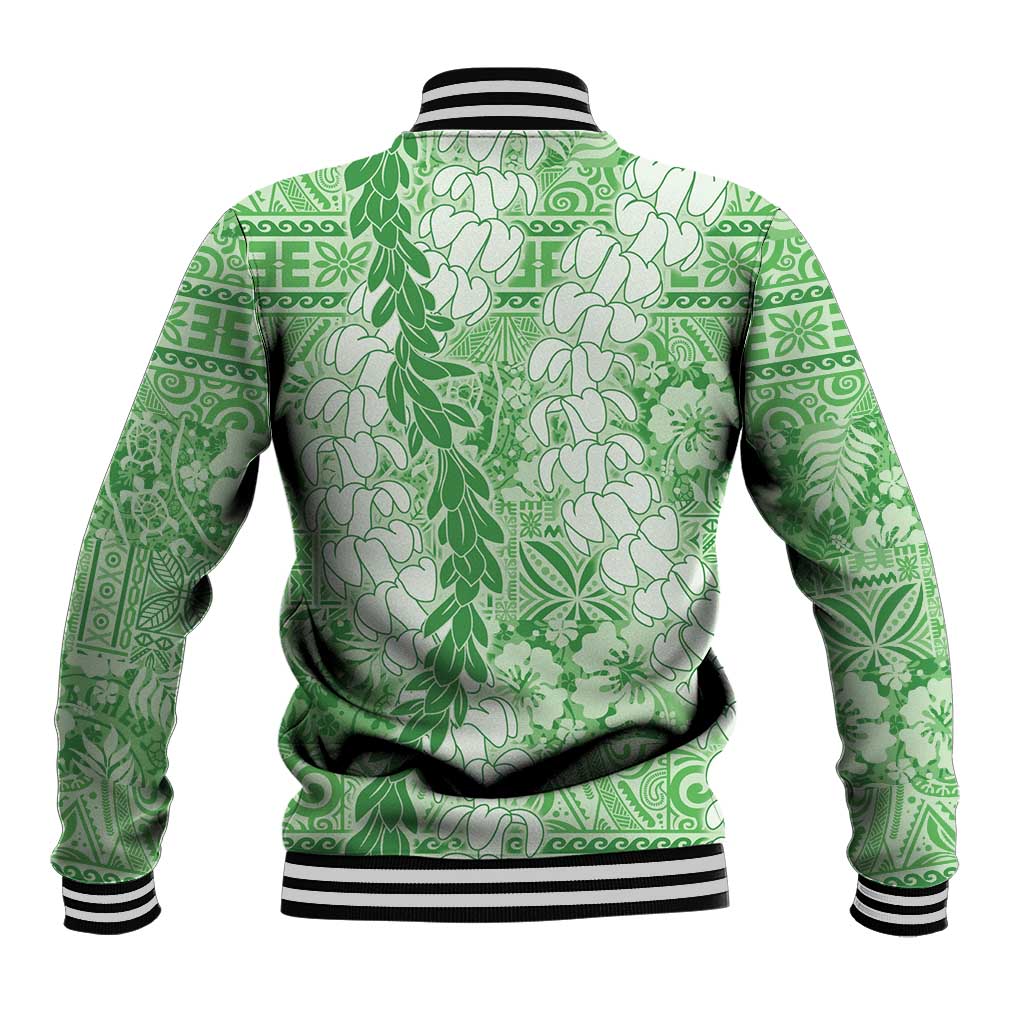 Green Puakenikeni and Maile Lei Baseball Jacket Hawaiian Style Tribal Tapa Double Strand Lei LT9 - Polynesian Pride