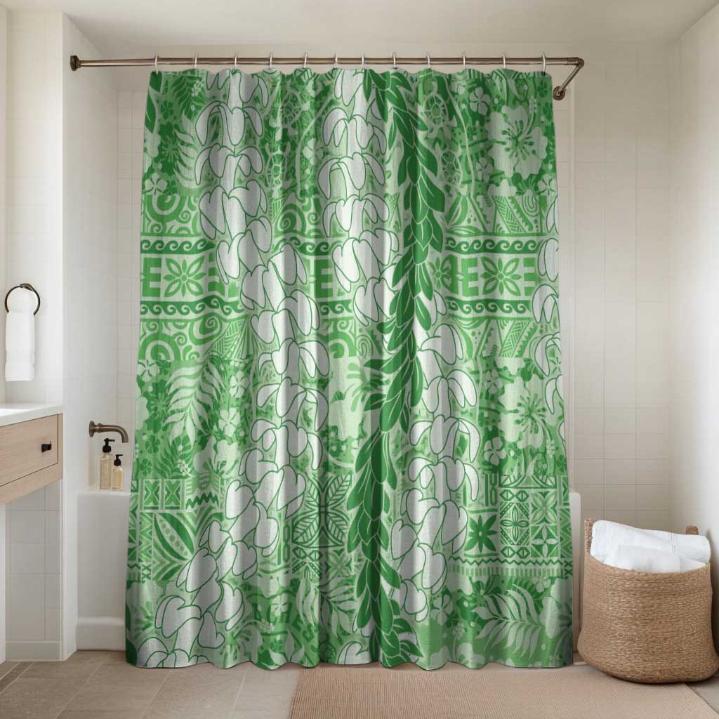 Green Puakenikeni and Maile Lei Bathroom Set Hawaiian Style Tribal Tapa Double Strand Lei LT9 Shower Curtain Only Green - Polynesian Pride